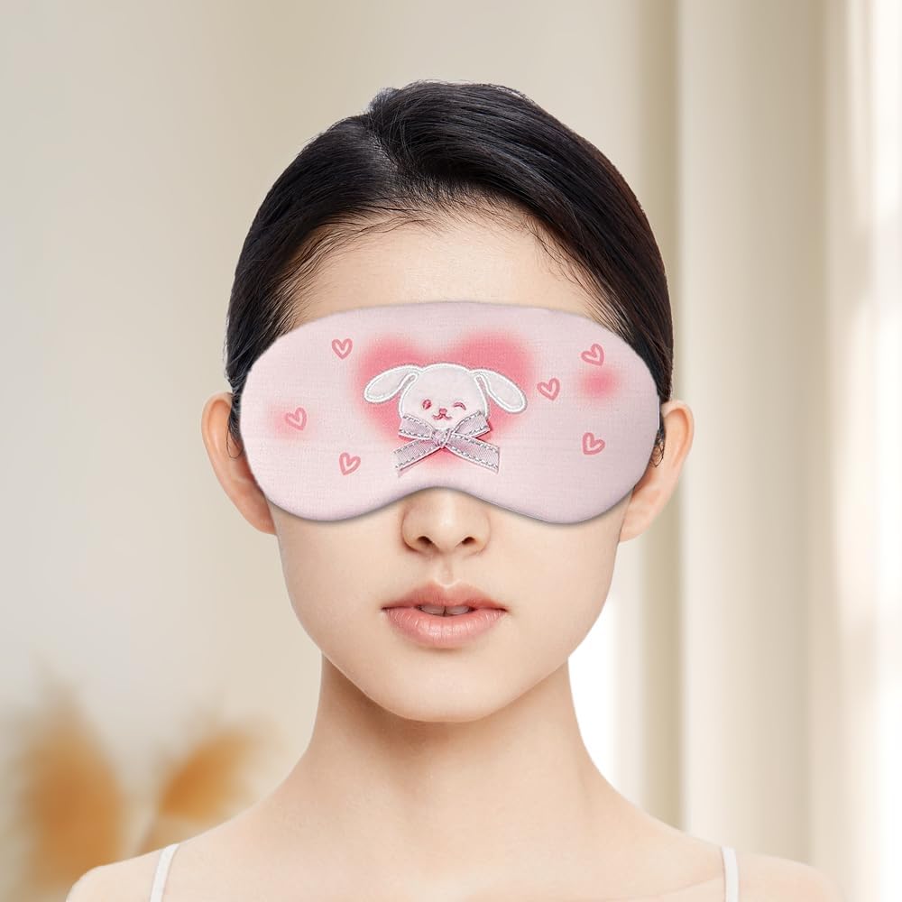 PERFECTSIGHT Rabbit Sleep Eye Masks, Cute Plush Sleep Eye Cover Lightweight Adjustable Eyeshade Faux Fur Mask Cover for Women Men Travel Nap, Heart Bunny