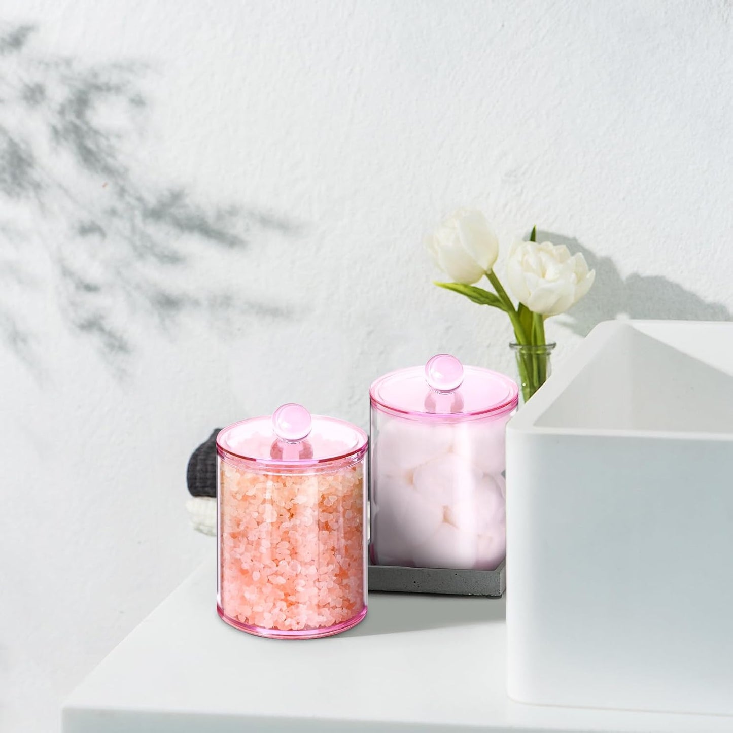 6 Pack Qtip Holder,Canister Apothecary Jar Set, Bathroom Jars with Lids Set for Cotton Swabs, Balls, Pads, Floss Picks,10oz-12oz Plastic Canisters Restroom Bedroom Vanity Organizer(Pink)