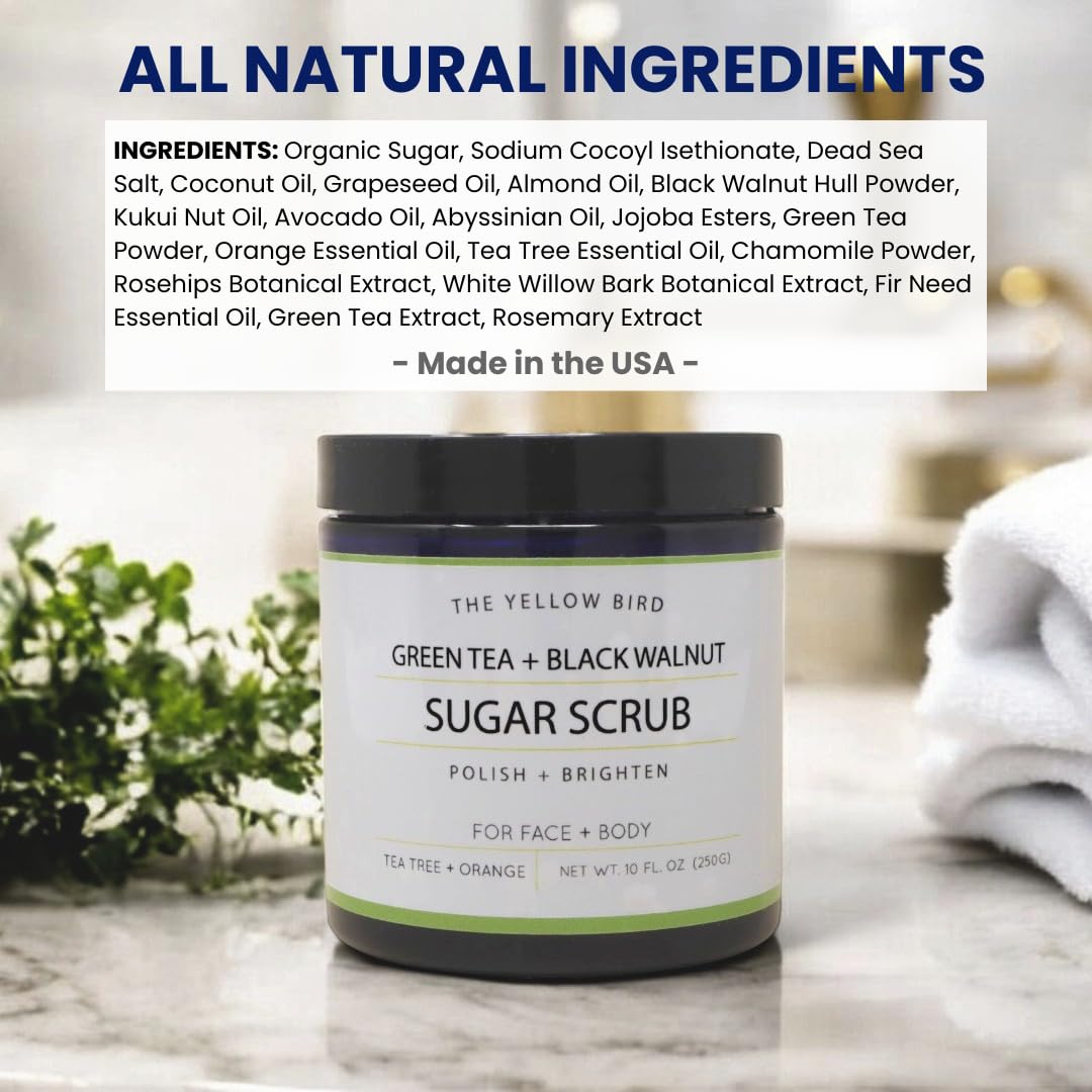 Natural Green Tea Sugar Scrub. Face, Body, and Foot Exfoliator. Helps with Moisturizing, Acne, Celluite, Wrinkles, and Exfoliating Dead Skin.