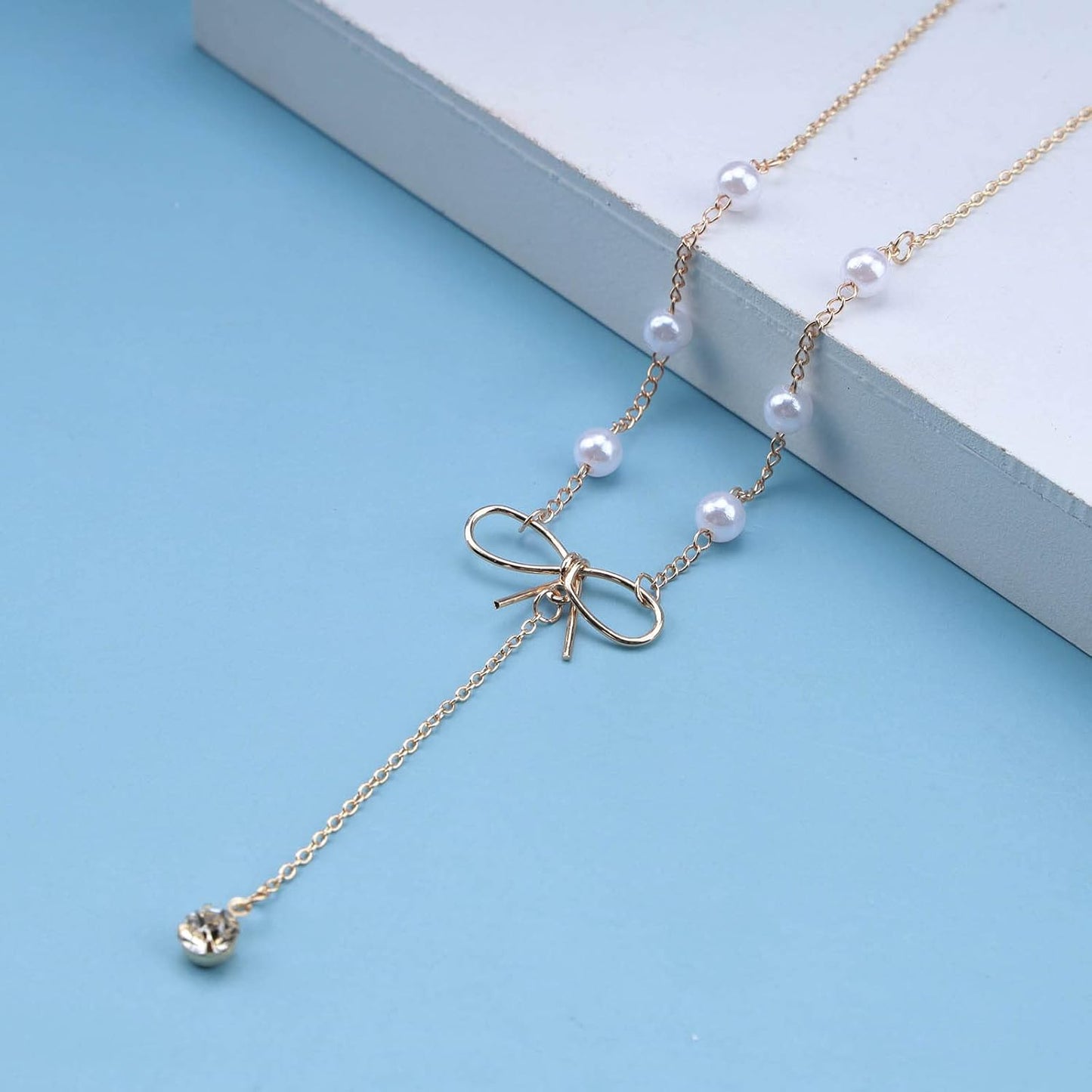 Bohemia Crystal Y Lariat Necklace Chain Pearl Beaded Choker Necklace Bow Knot Necklace Choker Gold Rhinestone Y Drop Necklace Chain Jewelry for Women and Girls