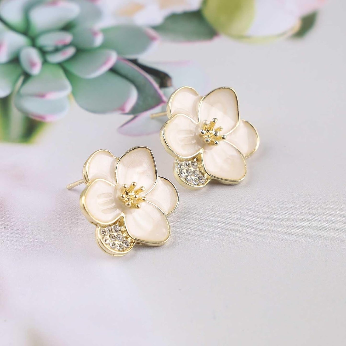 Vintage Enamel Flower Stud Earrings Camellia Flower Earrings Gold Crystal Flower Petal Earrings White Petal Stud Earrings Jewelry for Women