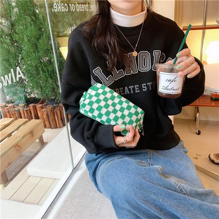 PAZIMIIK Checkered Makeup Bag for Purse Portable Zipper Make Up Pouch Small Cosmetic Case for Travel Accessories (6PCS Green)