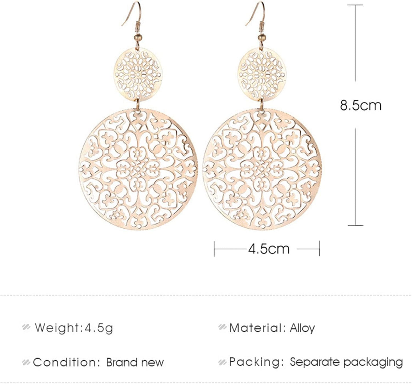 Filigree Hollow Disc Dangle Drop Earrings Boho Gold Ethnic Carved Flower Earrings Double Round Disc Drop Earrings Statement Hook Earrings Wedding Bridesmaid Jewelry for Women and Girls