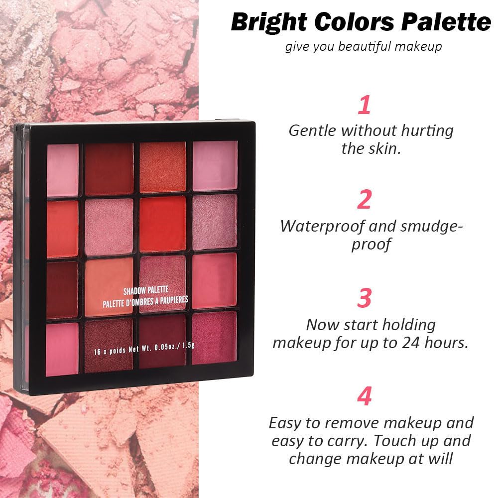 16 Girds Colorful Matte Shimmer Eyeshadow Palette for Eye Makeup,High Pigmented Eye Shadow Primers Powder Palet de sombras de ojos-Pink Red#