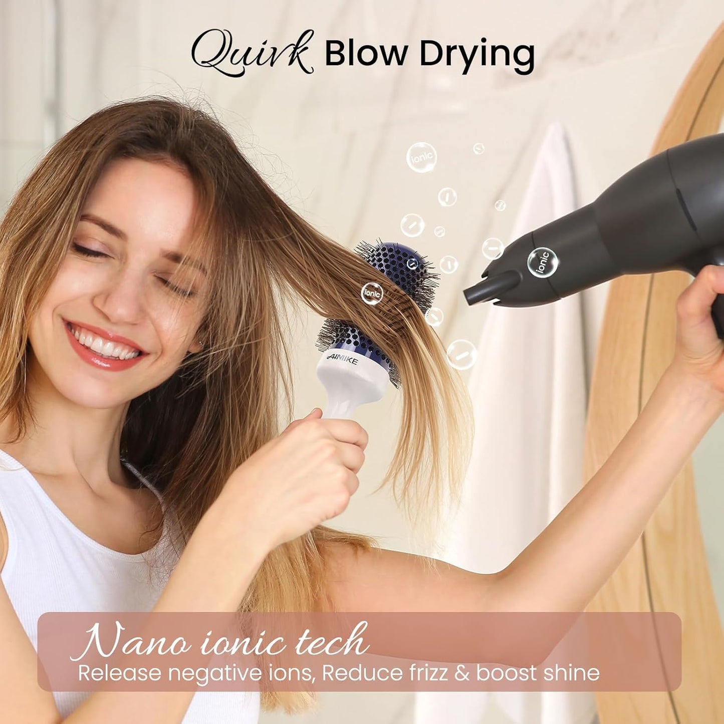 AIMIKE Nano Ionic Tech Large Round Brush, Ceramic Round Brush for Blow Drying, Styling and Boost Volume, Natural Wood Round Hair Brush, One Piece Design - 2 Inch/52mm