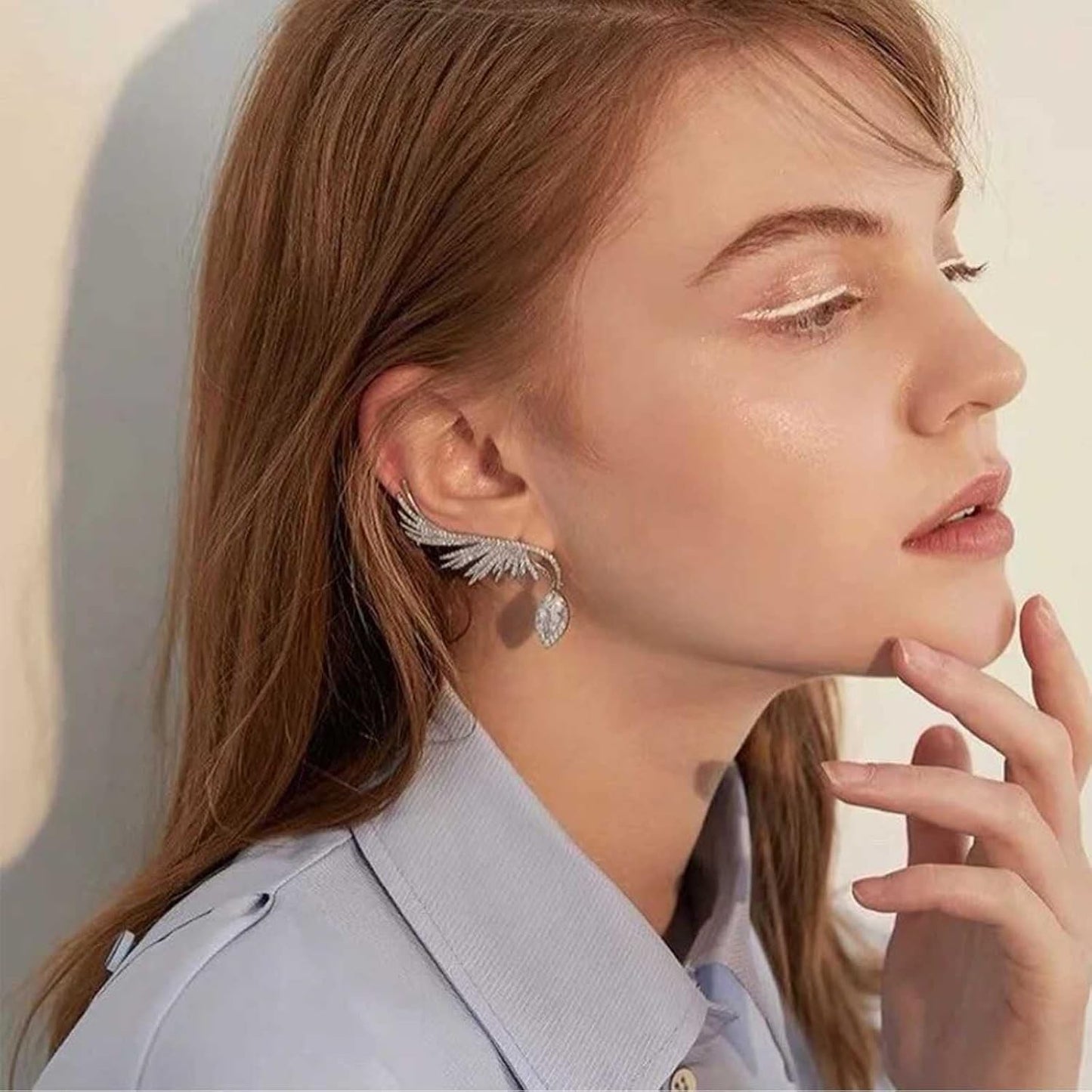 Boho Crystal Angel Wing Earrings Silver Rhinestone Wing Earrings Cz Crystal Ear Climber Earrings Guardian Wing Clip on Earrings Jewelry for Women and Girls Gifts