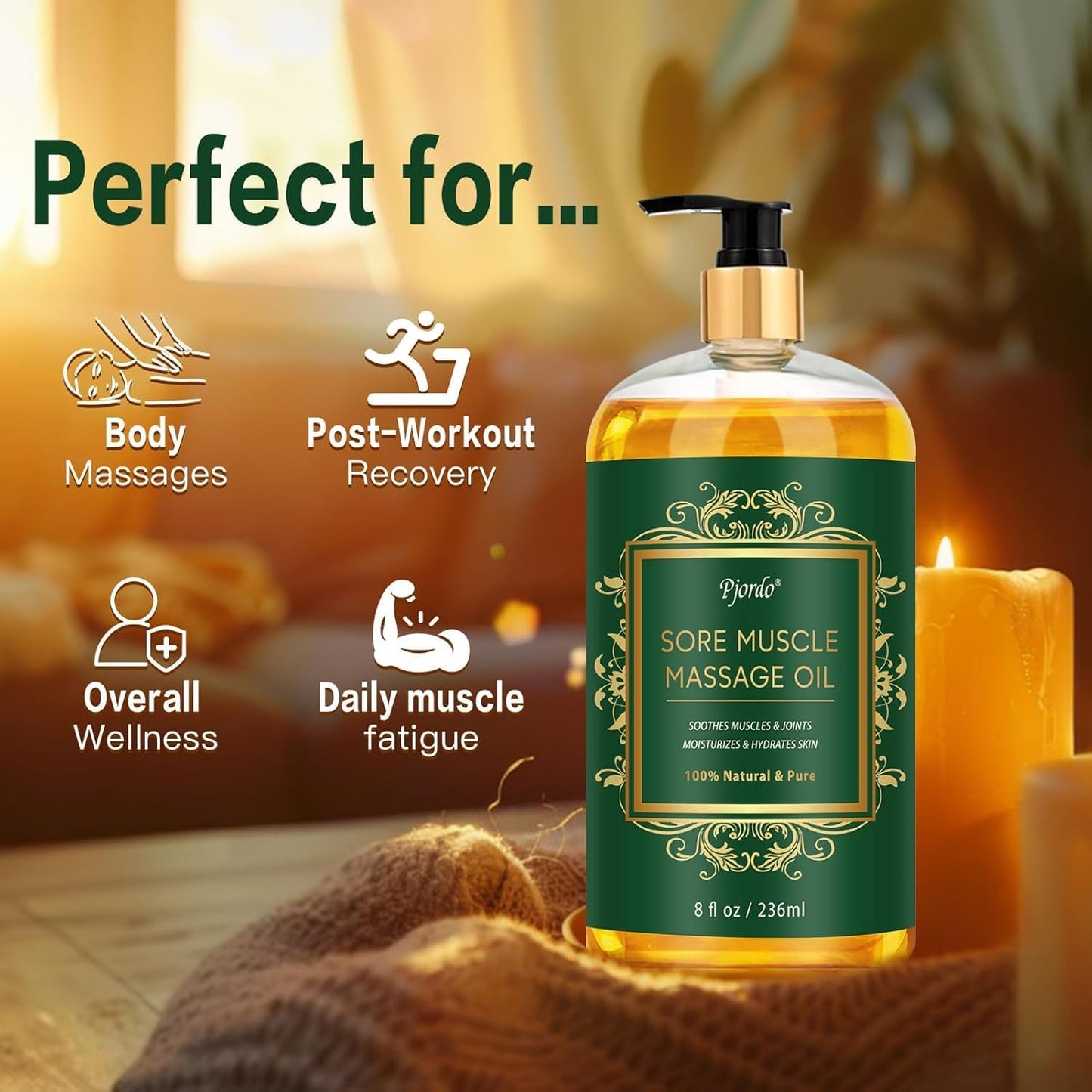 Sore Muscle Massage Oil for Massage Therapy, 8 FL OZ Natural Body Massage Oil with Lavender Oil, Arnica & Chamomile Extract, Soothes Muscle and Joint for Professional & Home Use