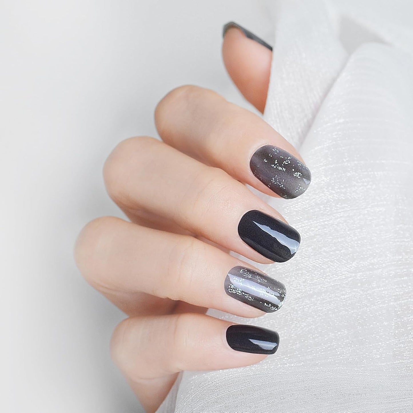 WOKOTO 1 Sheet Semi Cured Gel Nail Strips With Wood Stick, Nail File & Prepared Pads, 20 Tips Black Glitter Semi Cured Nail Polish Strips, Harden With UV Light Gel Nail Wraps Stickers For Women Girls