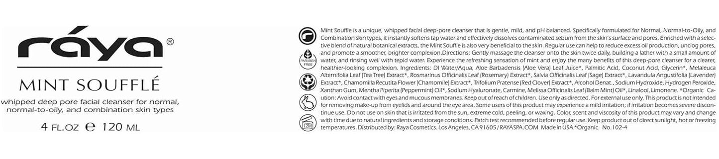 Raya Mint Soufflé Facial Cleanser 16 oz (102) | pH Balanced Face Wash for Oily and Combination Skin| Helps Clear Clogged Pores and Smooth Complexion
