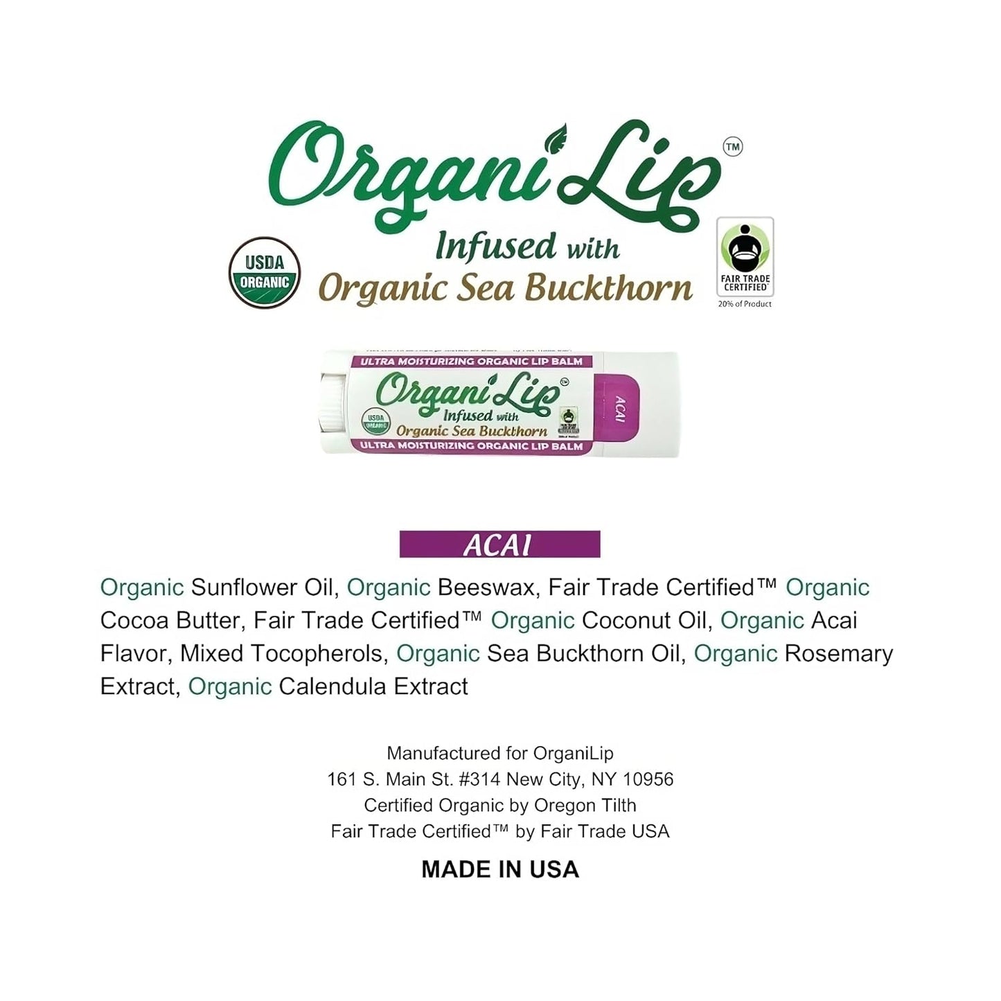 OrganiLip Organic Lip Balm, Acai Flavor, Ultra Hydrating Lip Moisturizer for Cracked or Dry Lips, Oval Shaped Tube, USDA Certified Organic, 3 Pack