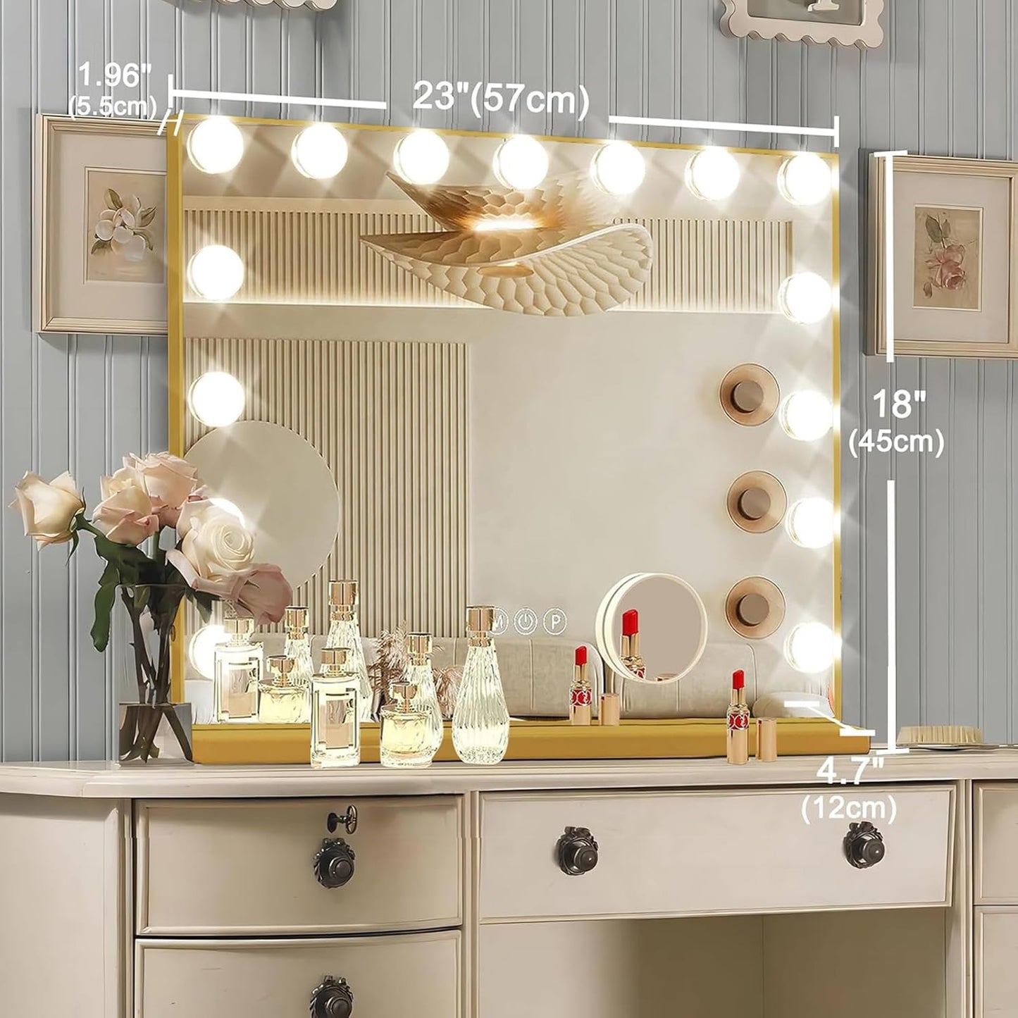 Gold Hollywood Vanity Mirror with Lights, 15 Dimmable Bulbs, 3 Color Lights,Make Up Lighted Mirror, Aluminum Metal Frame, USB Charging Port(23" x 18")