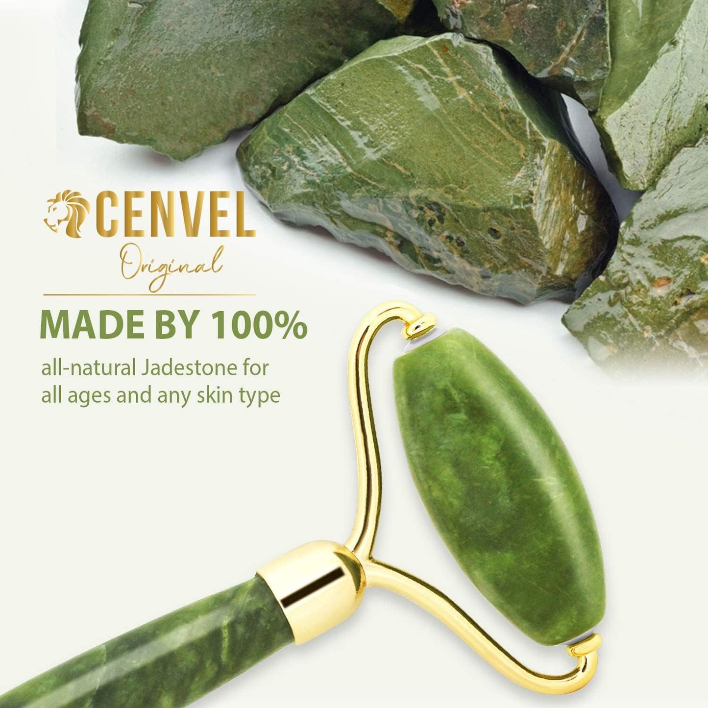 100% Real Crystal Jade Stone Roller and Gua Sha Set with Vitamin C Serum | Great for Eye Puffiness Treatment, Skin Tightening, Anti Aging, Rejuvenate Face & Neck | Great Gift for Women & Men (Green)