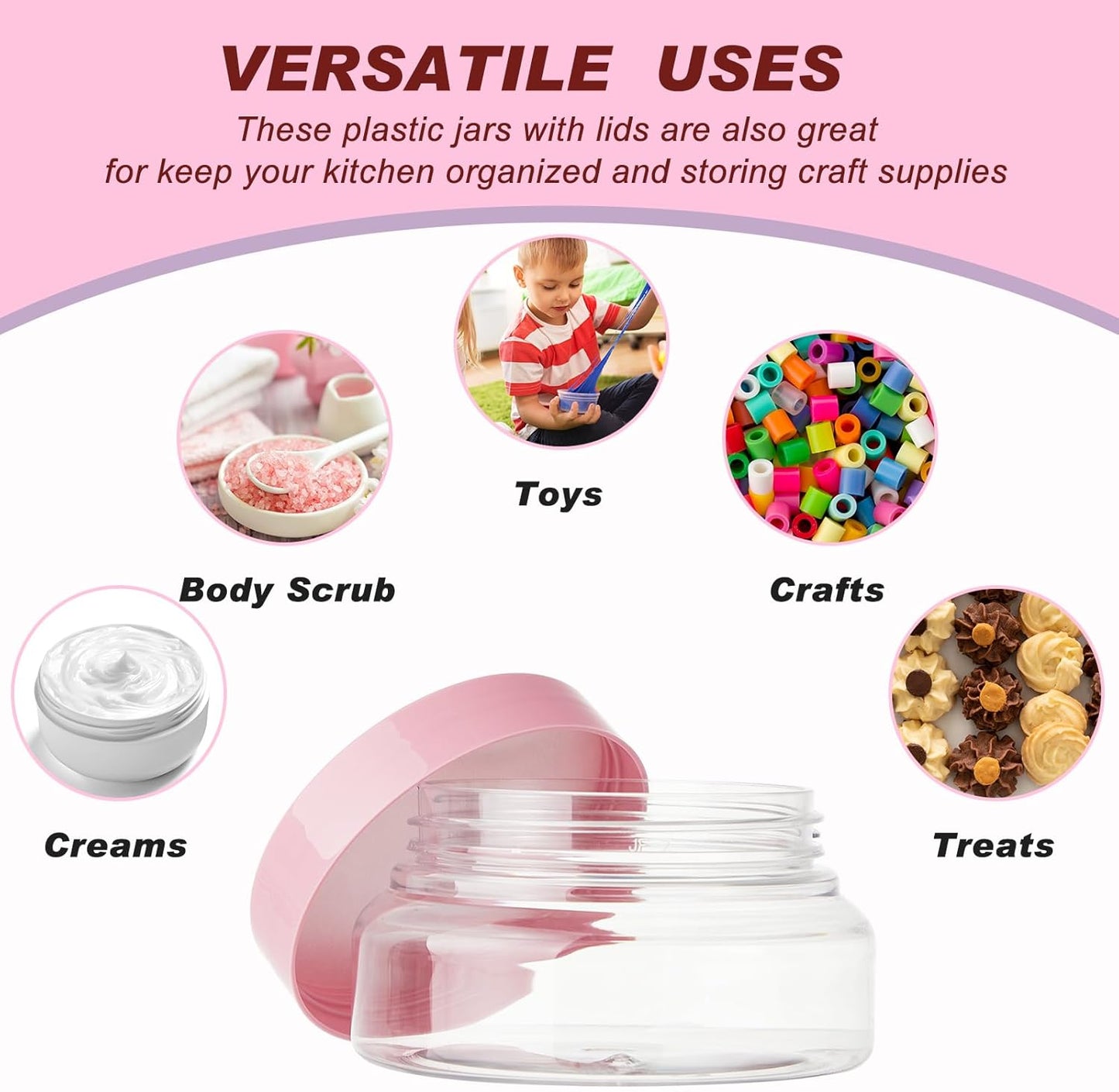 Tessco 24 Pack Plastic Jars with Lids Labels Empty Clear Plastic Jars Round Refillable Cosmetic Containers Body Butter Containers Bulk Sugar Scrub Bottle for Make Up(5 oz,Clear, Pink)