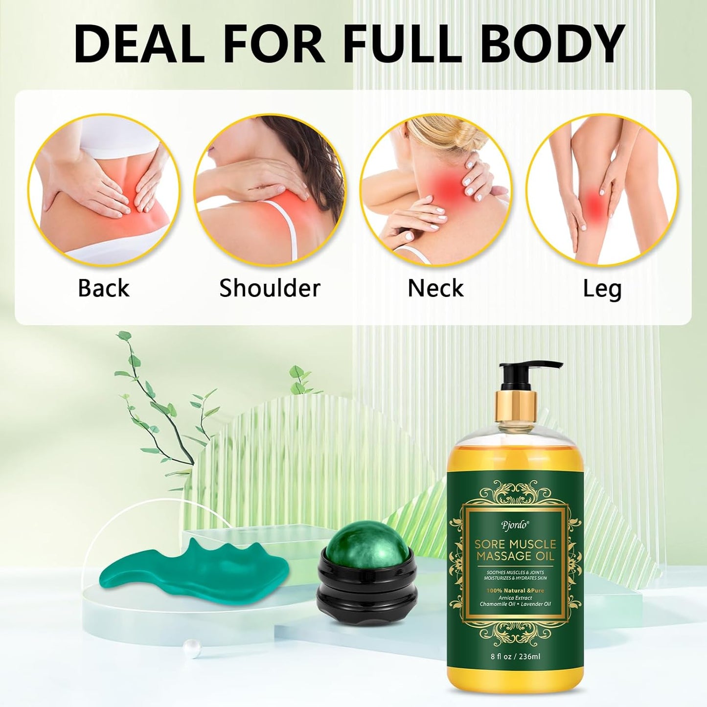 Sore Muscle Massage Oil for Massage Therapy, with Massage Roller Ball & Thumb Saver Massager, Body Massage Oil for Muscle Relaxing, Soothes Joints & Muscles with Arnica, Lavender Oil(8 Fl Oz)