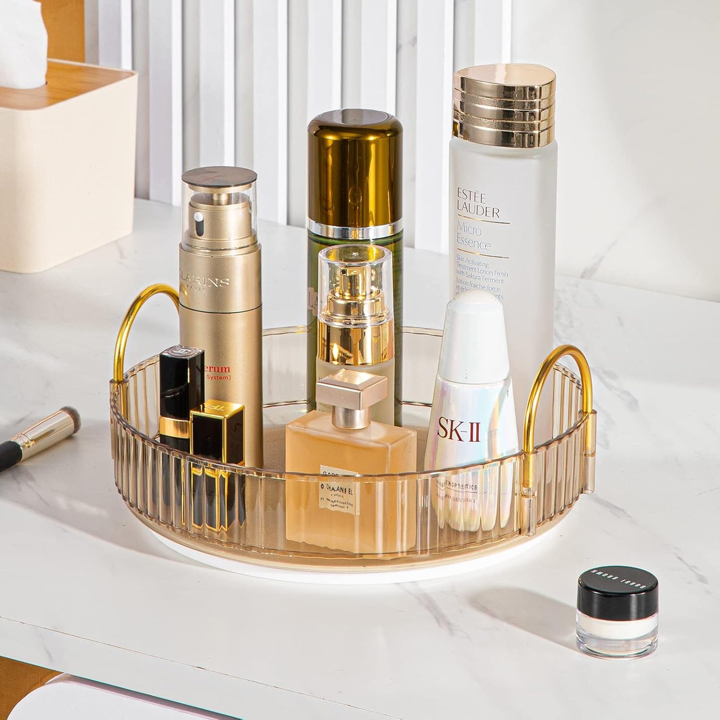 Rotating Makeup Organizer for Vanity, High-Capacity Skincare Clear Make Up Storage Perfume Organizers Cosmetic Dresser Organizer Countertop 360 Spinning (Gold, 1 Tier)