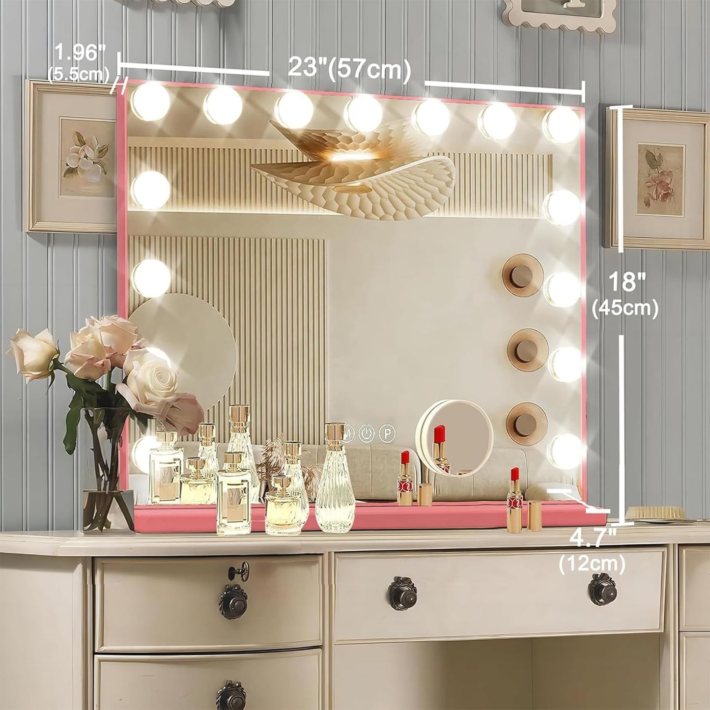 Pink Hollywood Vanity Mirror with Lights, 15 Dimmable Bulbs, 3 Color Lights,Make Up Lighted Mirror, Aluminum Metal Frame, USB Charging Port(23" x 18")
