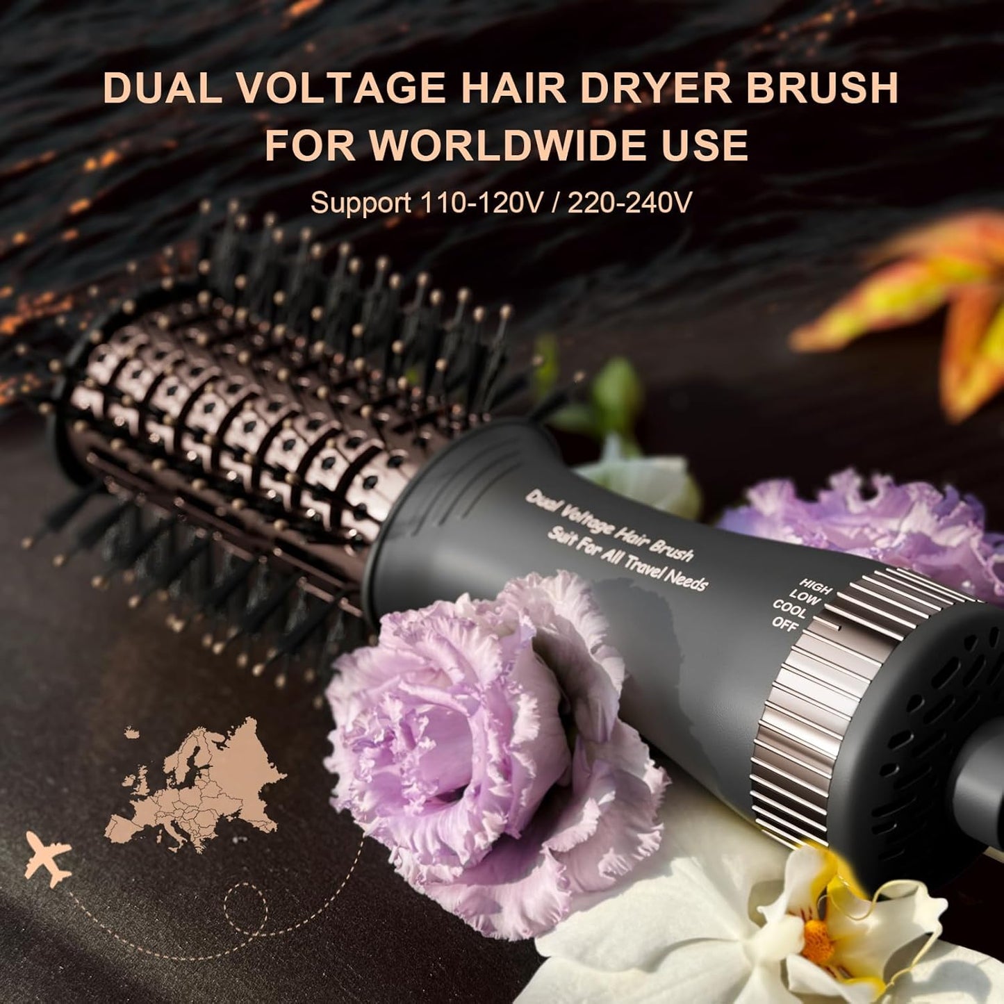 Travel Dual Voltage Blow Hair Dryer Brush 4-IN-1 Portable Mini Hot Air Dryer Straightener & Curler Brush, Titanium 2-Inch Blowout Styler Volumizer Tool, 110/240V US/EU/UK Plug for International Travel