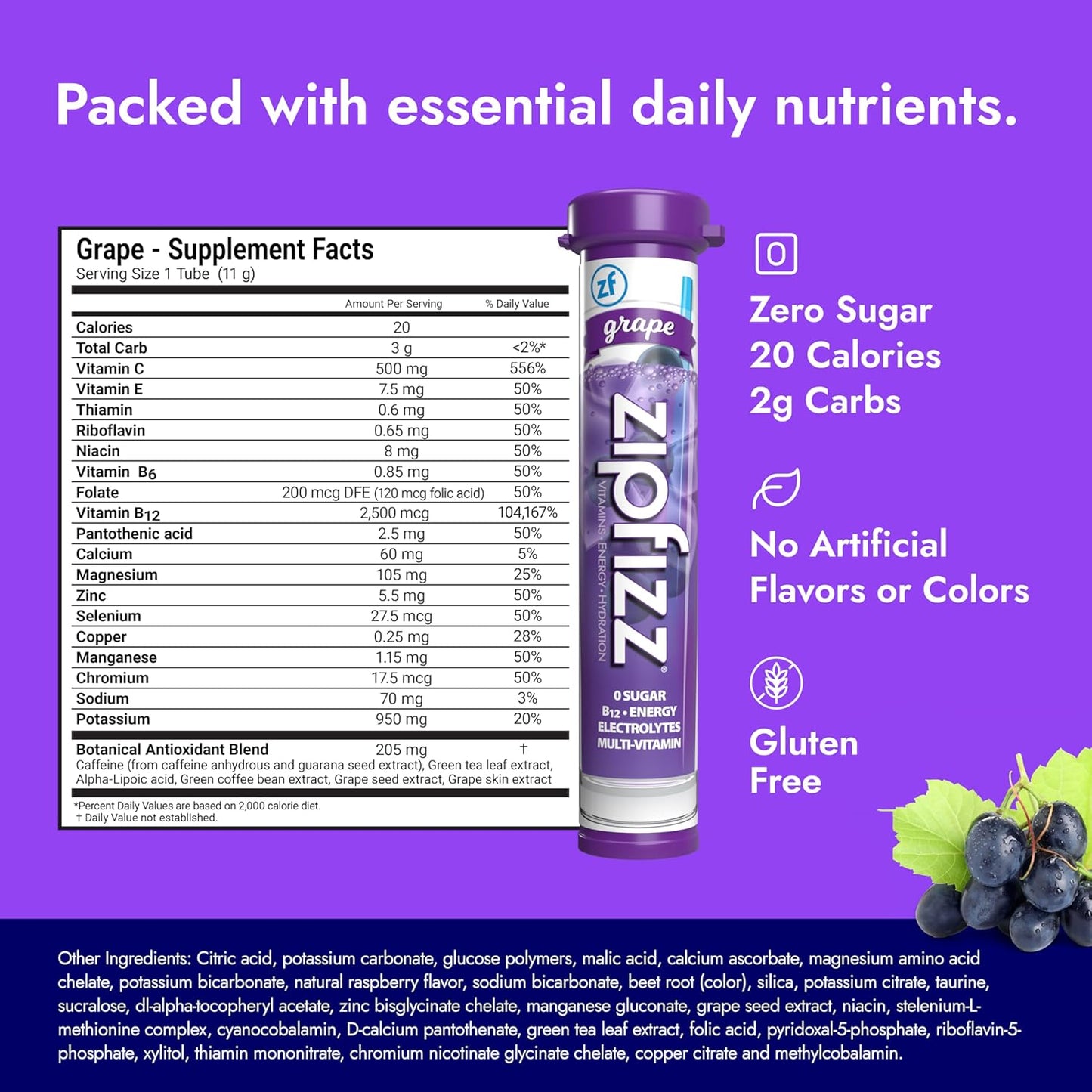 Zipfizz Daily Energy Drink Powder, Grape, 12 Pack | 3-in-1 Sustained Energy, Rapid Hydration, and Essential Vitamins | Sugar-Free | Electrolyte Powder | Contains Vitamin B-12 & Antioxidants