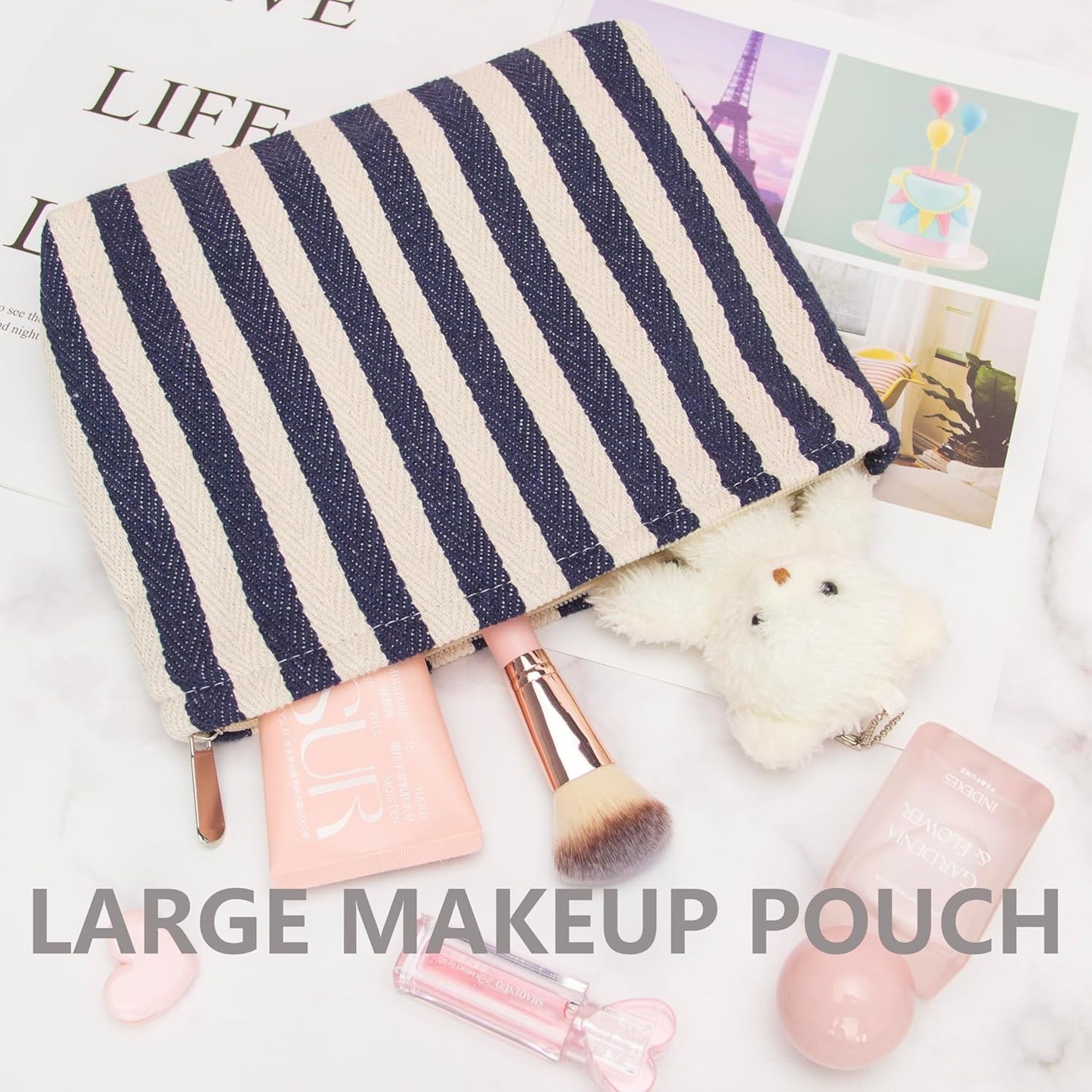 PAZIMIIK Makeup Bag Large Cotton Zipper Pouch for Purse Travel Canvas Make Up Organizer for Women Cosmetic,Stripe Navy Blue