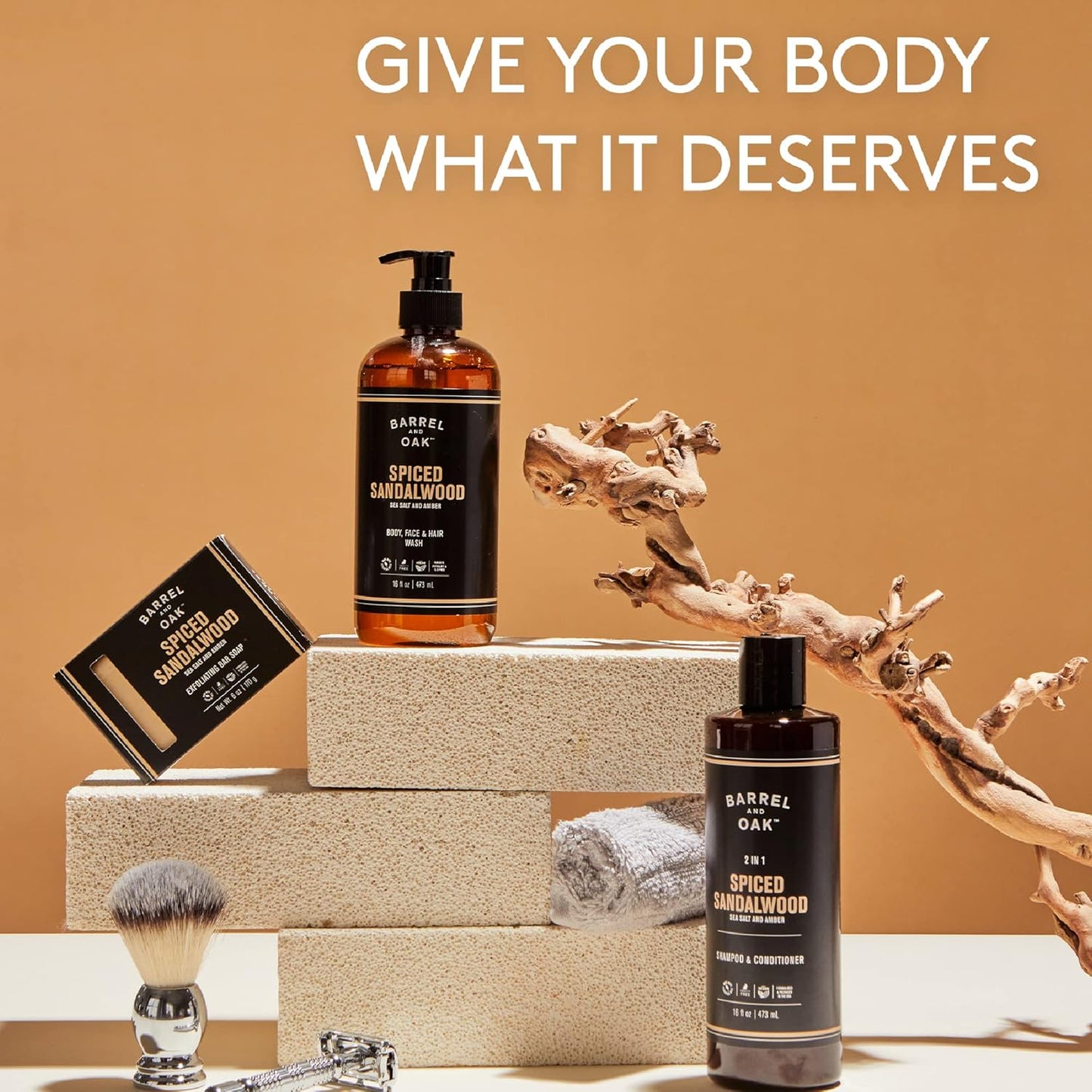 Barrel and Oak - Spiced Sandalwood Body Care Set, Fragrant Sea Salt & Amber Scent, Rich in Essential Oils, Hydrating Formulas, Rich Texture, No Parabens or Phthalates, Certified Organic (3-Pack Set)