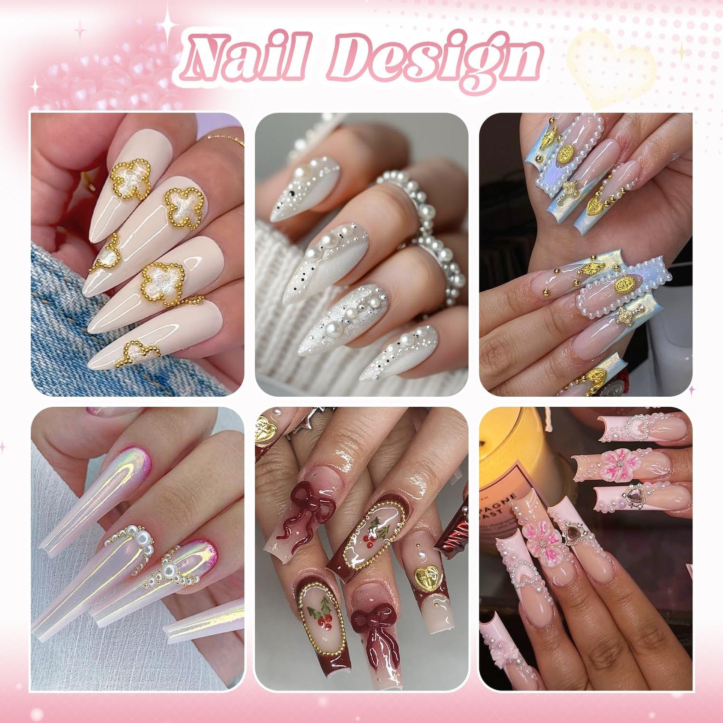 2 Boxes Flatback Pearls (White) and Metal Nail Beads (Silver+Gold) with Rhinestones Glue Gel for Nail Art, Pearl Nail Charms and Small Round Caviar Beads Nail Accessories for Manicure Decor