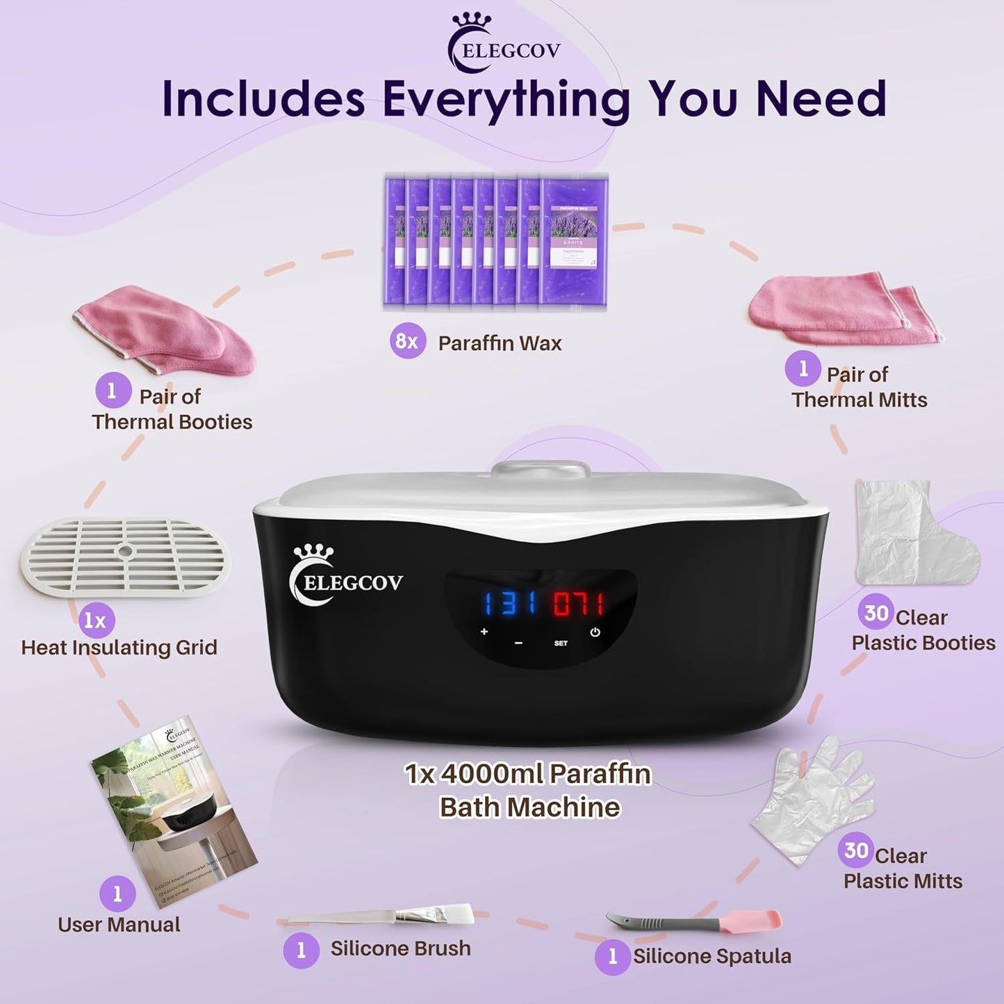 Paraffin Wax Machine for Hand and Feet - ELEGCOV Paraffin Wax Warmer with 8 Packs Lavender Bath Wax Refills Kit,Hand and Foot Moisturizing Care Kit, 4000ml Fast Meltdown Parafin Hot Wax Machine