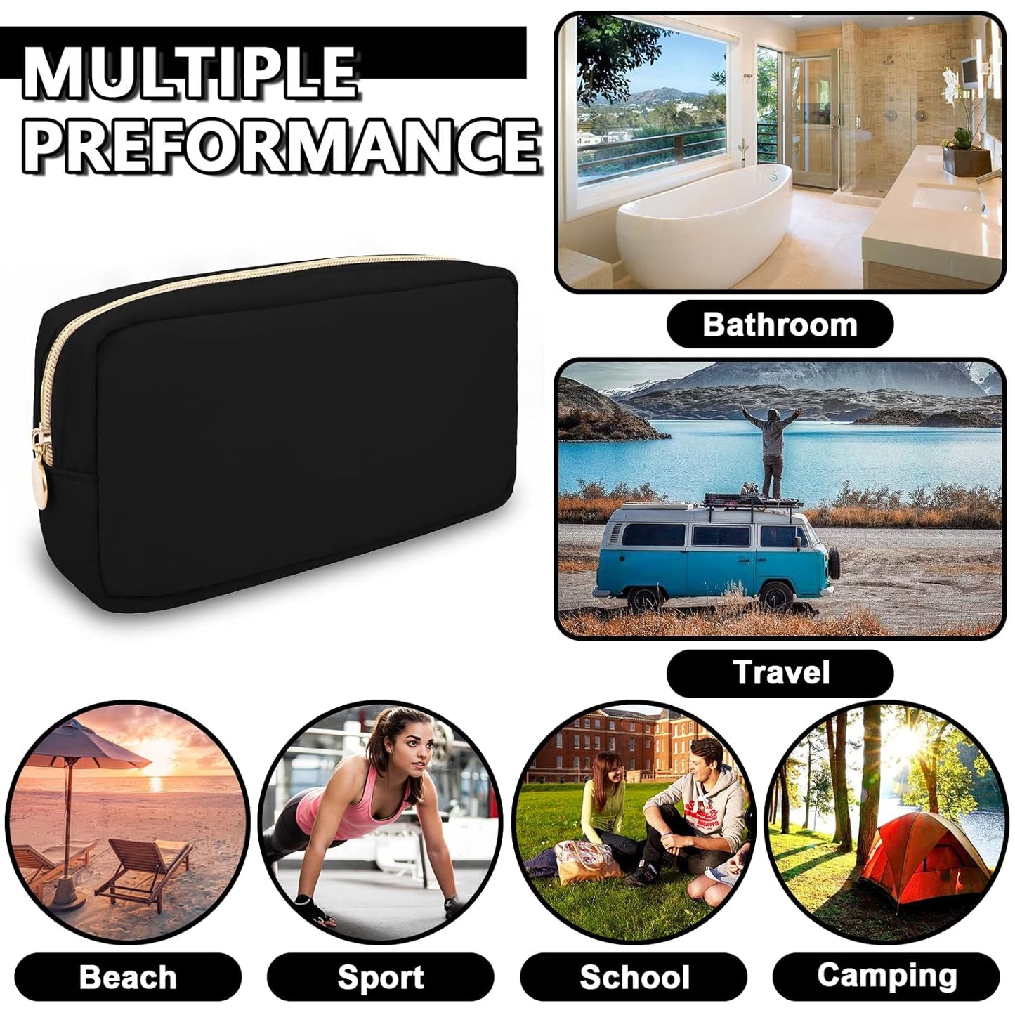 Waterproof Small Makeup Pouch for Purse,Nylon Travel Toiletry Storage Pouch Cute Preppy Cosmetic Bag for Women Girl,Waterproof Makeup Organizer Skincare Bag Purse with Zipper(Small-Black)