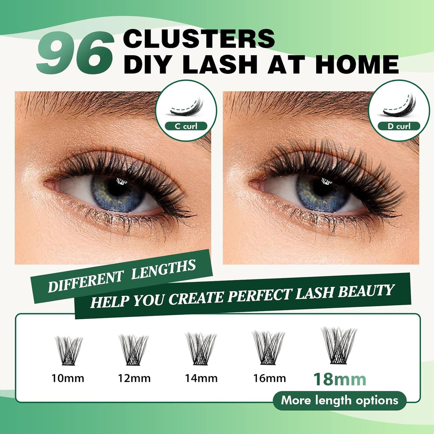Lash Clusters 96pcs Individual Lashes Y01 C Curl 18mm Cluster Lashes KEYYOU Volume Wispy Lash Extension Soft&Comfortable Easy DIY at Home(Y01,C-18mm)