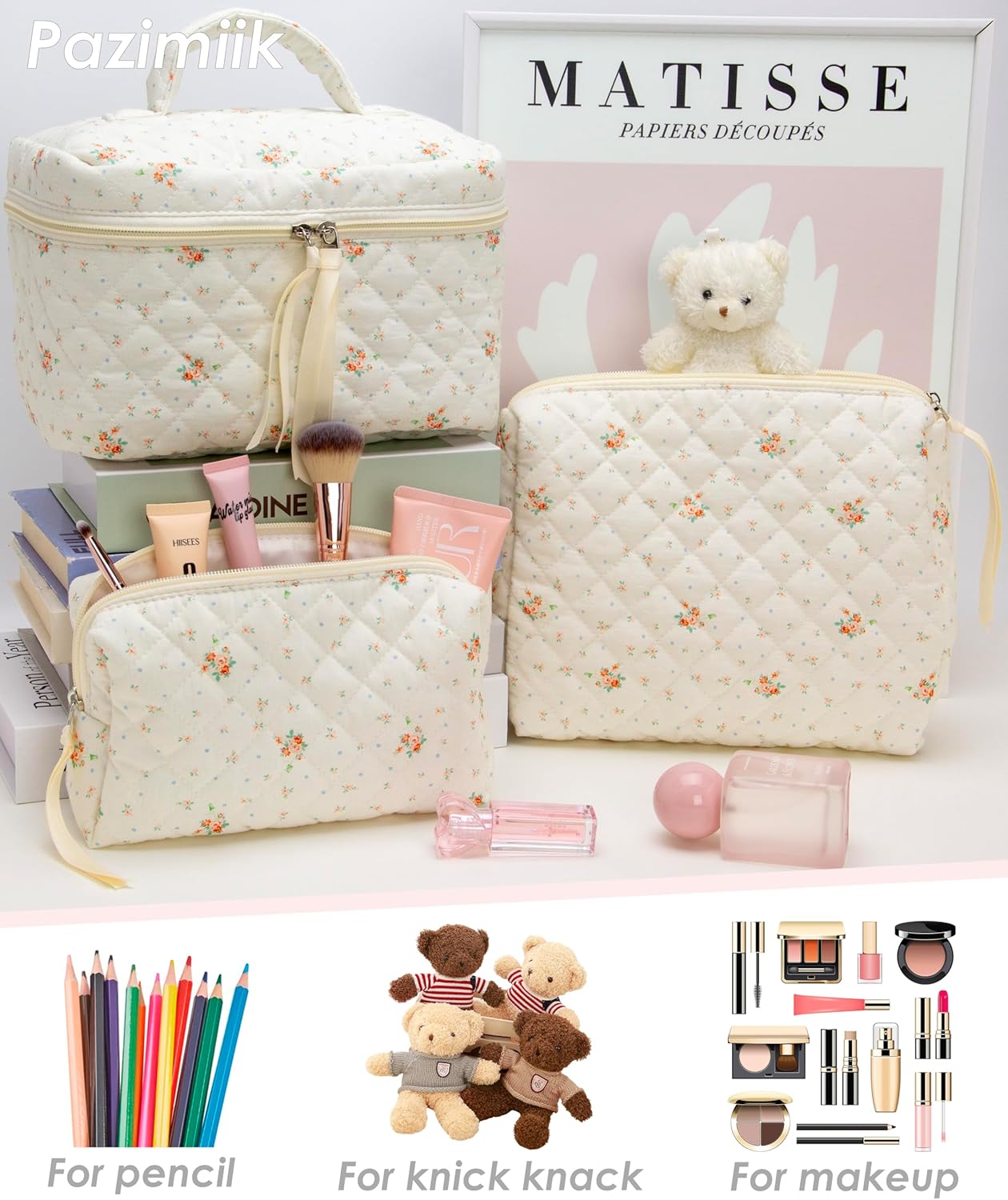 PAZIMIIK 3PCS Makeup Bag SET Large Travel Quilted Zipper Soft Cosmetic Case Pouch for Women Girls Make Up,Floral White