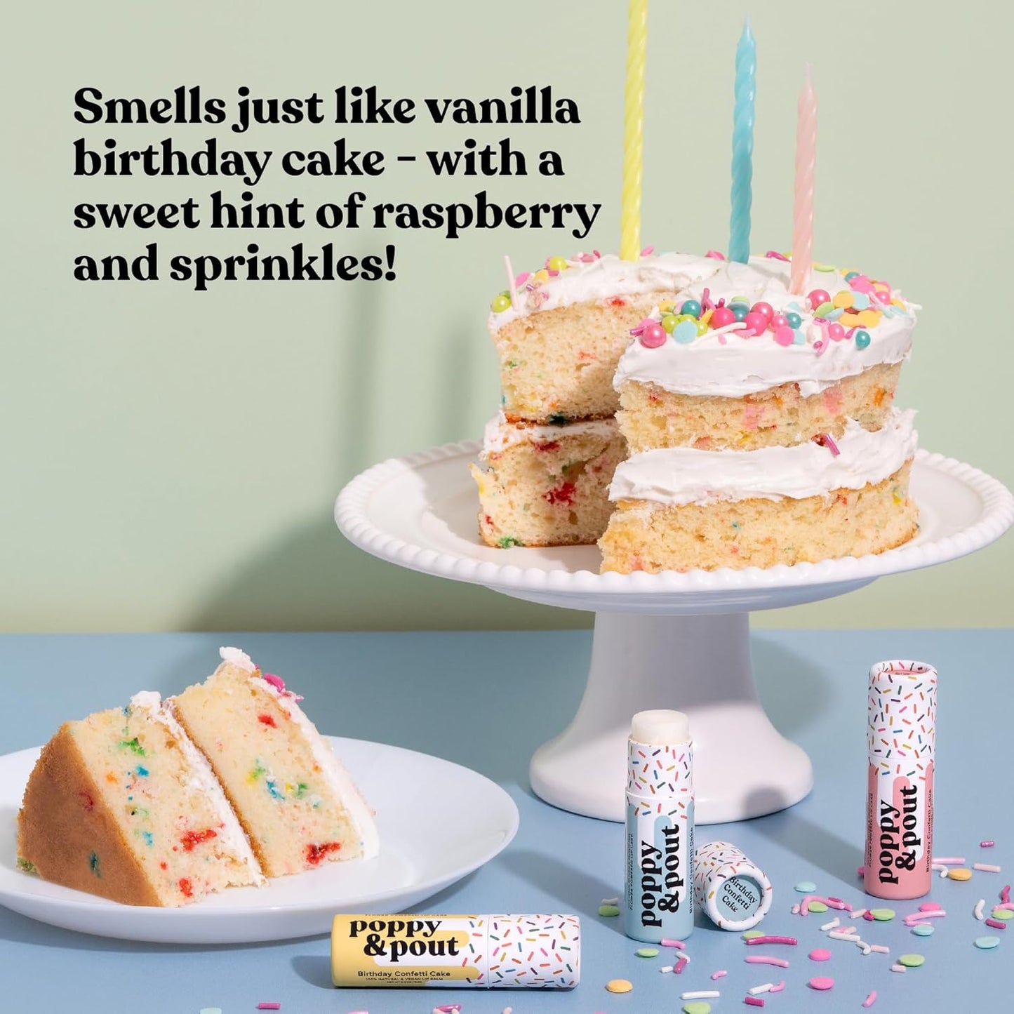 Poppy & Pout Birthday Cake Jumbo Lip Balm | All Natural Lip Balms & Moisturizers | Hydrates with Beeswax, Vitamin E, Organic Coconut Oil | Cruelty-Free | Lip Balm in Recyclable Cardboard Tube (Blue)