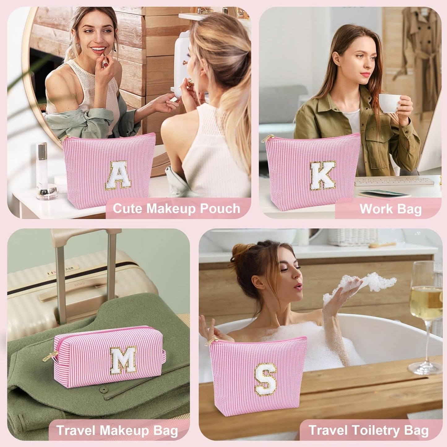 YOOLIFE Preppy Makeup Bag for Women - Personalized Cute Makeup Pouch for Girlfriend Bridesmaid Wife | Cosmetic Travel Toiletry Bag for Friend | Birthday Gift Idea for Her Mom Preppy Stuff Pink C