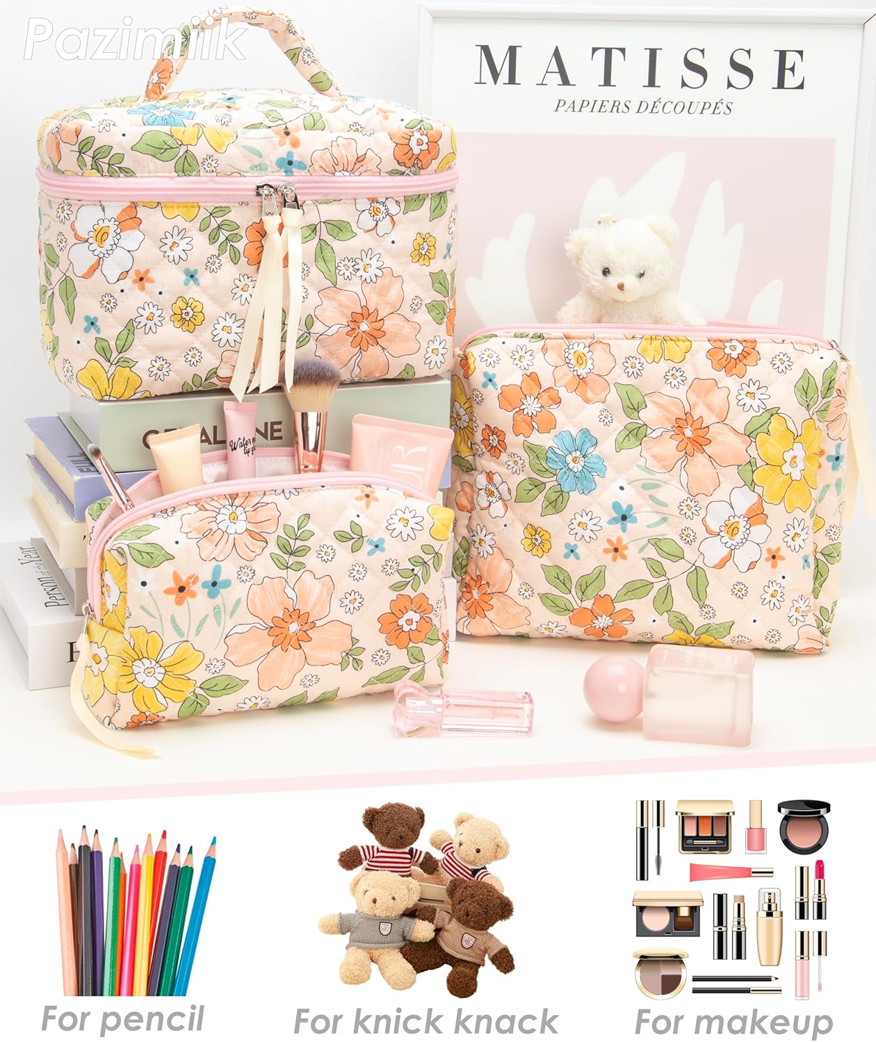 PAZIMIIK 3PCS Makeup Bag SET Large Travel Quilted Zipper Soft Cosmetic Case Pouch for Women Girls Make Up,Floral Orange