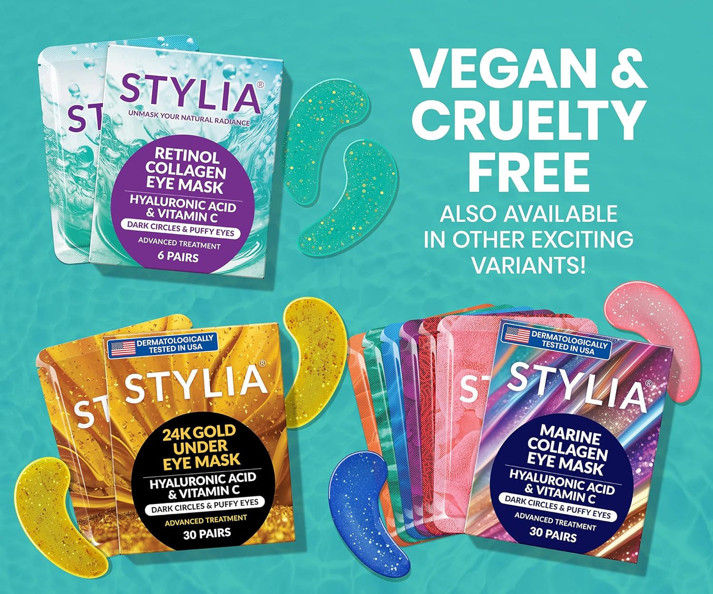 Stylia Under Eye Patches for Puffy Eyes and Dark Circles (6 Pairs) - Marine Collagen Under Eye Mask with Retinol, Vitamin C, Hyaluronic Acid, Pearl Extract - Eye Masks for Dark Circles and Puffiness