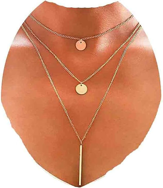 Boho Layered Coin Bar Necklace Gold Disc Pendant Necklace Chain Multi Layer Vintage Necklace Jewelry for Women and Teen Girls