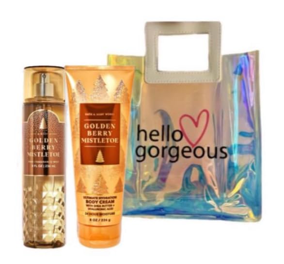 White Barn - Bath and Body Works - Gift Set 2 Piece Bundle - with Gift Bag HELLO GORGEOUS (Golden Berry Mistletoe)