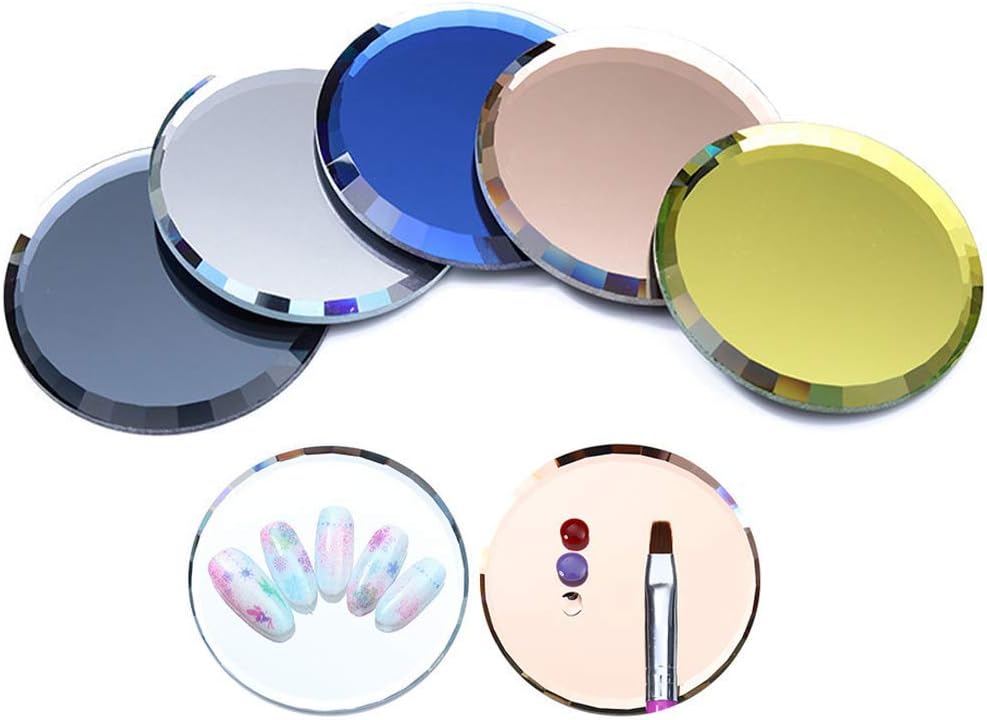 5Pcs Mirror Empty Nail Art Palettes Plate Round Glass Manicure Palette Nail Art Display Tray Board Holder Gel Polish Drawing Color Mixing Palette for Women Beauty Tool, Assorted Color