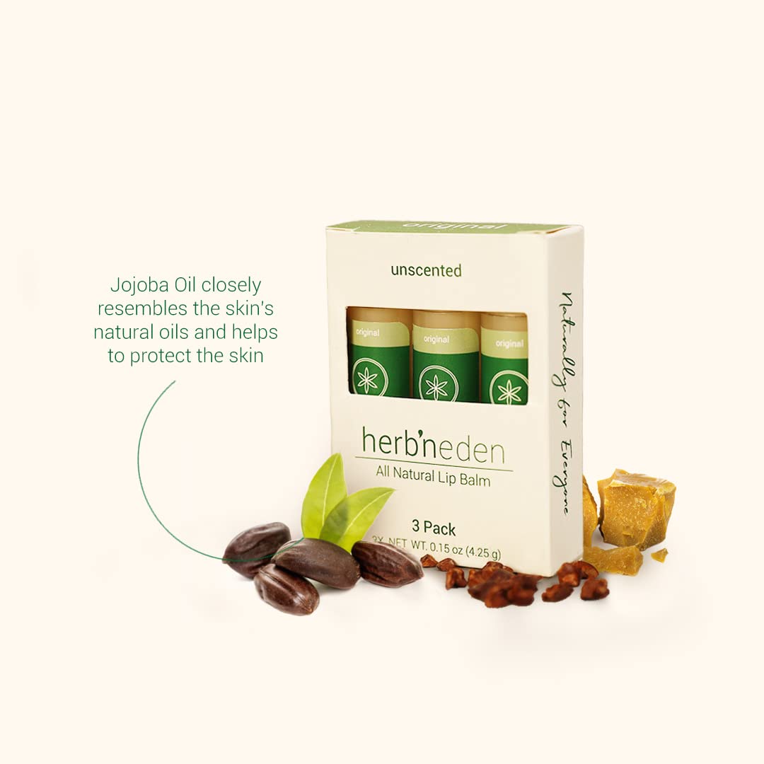 Herb’N Eden Original Lip Balm Pack of 3 | Moisturizing and Soothing for Dry, Chapped Lips | 100% Natural Ingredients | Essential Oils