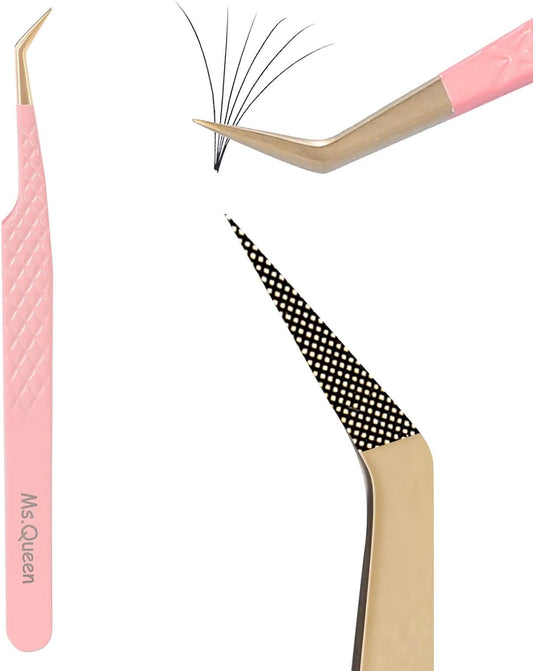 Ms.Queen 45 Degree Tweezers for Lash Extensions,Precision Fiber Tip Eyelash Tweezers for Volume Eyelash Extensions