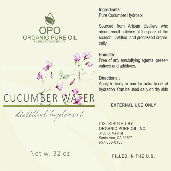 OPO Cucumber Hydrosol - Pure Steam Distilled Hydrating Floral Water Bulk Refill 32 oz - 1 Quart for Skin Hair Face, Greasy, Oily Skin Hair Locs Face Cleansing Toning Spray - Packaging May Vary