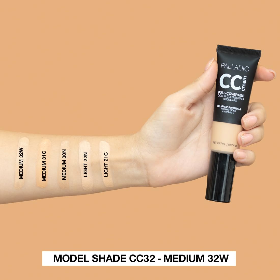 Palladio Full-Coverage Color Correction CC Cream, Oil-Free with Peptides & Vitamin C, Best for Correcting Redness and Uneven Skin Tone, Buildable Foundation Coverage (Med 31C)