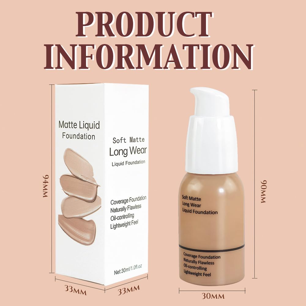 2Pcs Matte Liquid Full Coverage Foundation, Flawless Soft Matte 24HR Oil Control Full Coverage Foundation Makeup for Women, Long-Lasting Waterproof Full Coverage, 03# Buff Beige (03+03, Pack of 2)