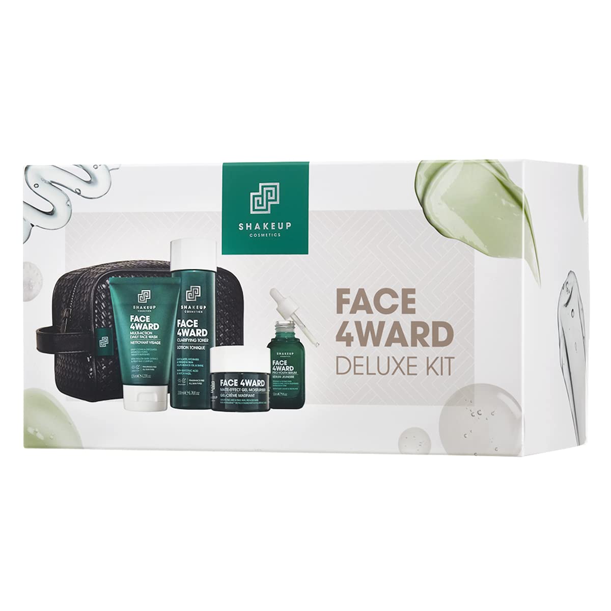 Shakeup - Mens Skincare Routine with Wash Bag, Gift Set, Daily Face Wash, Clarifying Toner, Anti Ageing Serum, Matte-Effect Moisturiser, Plus Wash Bag