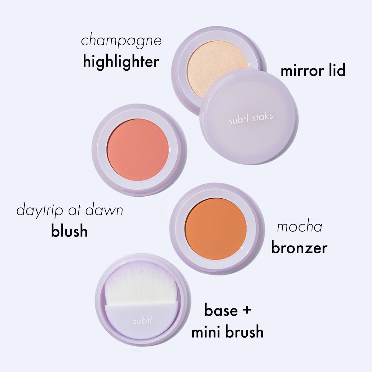 Subtl Beauty 3-in-1 travel makeup kit by subtl staks | powder blush, bronzer, and highlighter | includes mirror lid and mini brush | for medium-tan skin tones