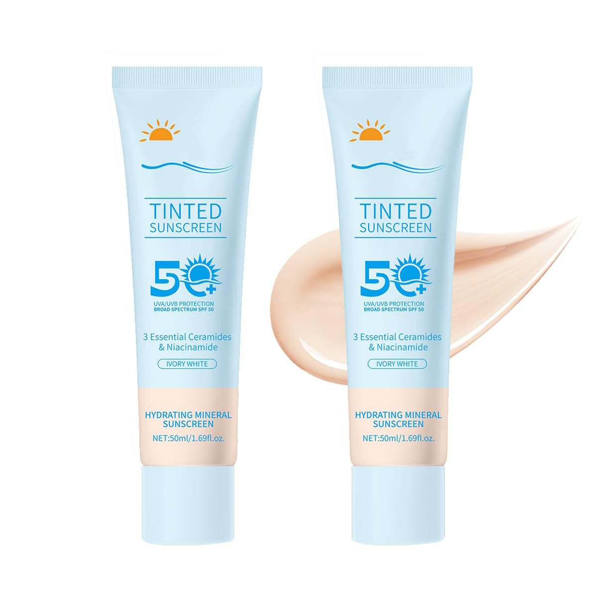 Tinted Sunscreen for Face SPF 50, 2 PCS Defense SPF 50 Face Sunscreen Lotion with Hyaluronic Acid, Sun Essence Faces Sunscreens, Hydrating, Moisturizing, UV Defense, Travel Size (Light Color)