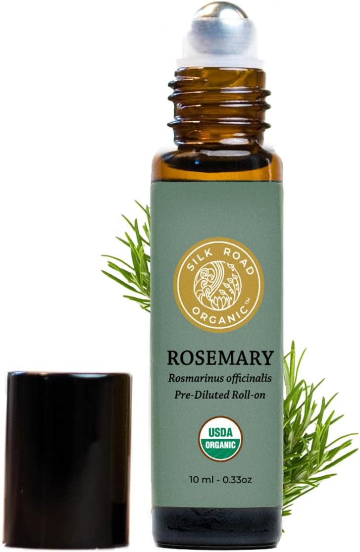 Silk Road Organic Rosemary Essential Oil & Jojoba Roll On, 100% Pure USDA Certified Aromatherapy to Improve Memory & Focus & Hair Health - 10 ml Roller