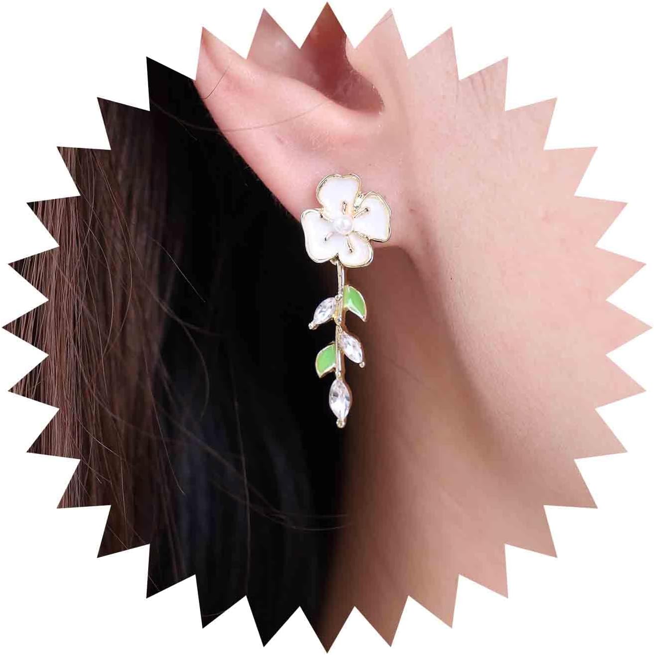 Vintage Pearl Flower Earrings Crystal Leaf Drop Earrings Gold Pearl Stud Earrings White Enamel Flower Earrings Jewelry for Women