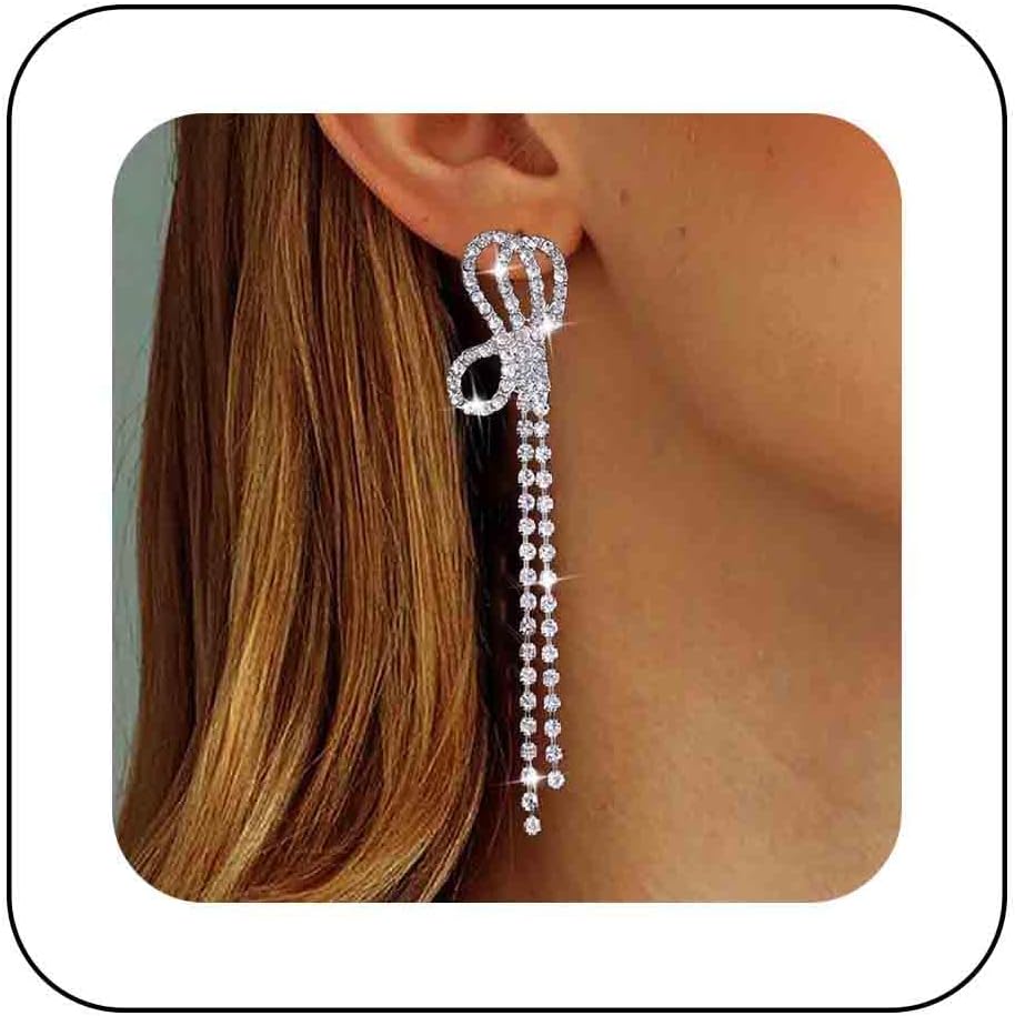 Vintage Crystal Chandelier Drop Earrings Long Rhinestone Chain Earrings Silver Cz Bow Tassel Earrings Sparkly Bridal Tennis Chain Earrings Jewelry for Women