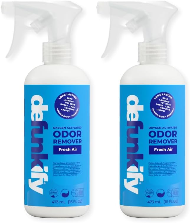 Odor Remover Spray, 16oz (2-Pack). 'Fresh Air' Essential Oil Odor Eliminator for Strong Odors on Fabric, Shoes, Activewear. 'ProvenSafe' Deodorizer for Pets, Kids & Sensitive Gear w/Ionic Silver