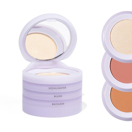 Subtl Beauty 3-in-1 travel makeup kit by subtl staks | powder blush, bronzer, and highlighter | includes mirror lid and mini brush | for medium-tan skin tones