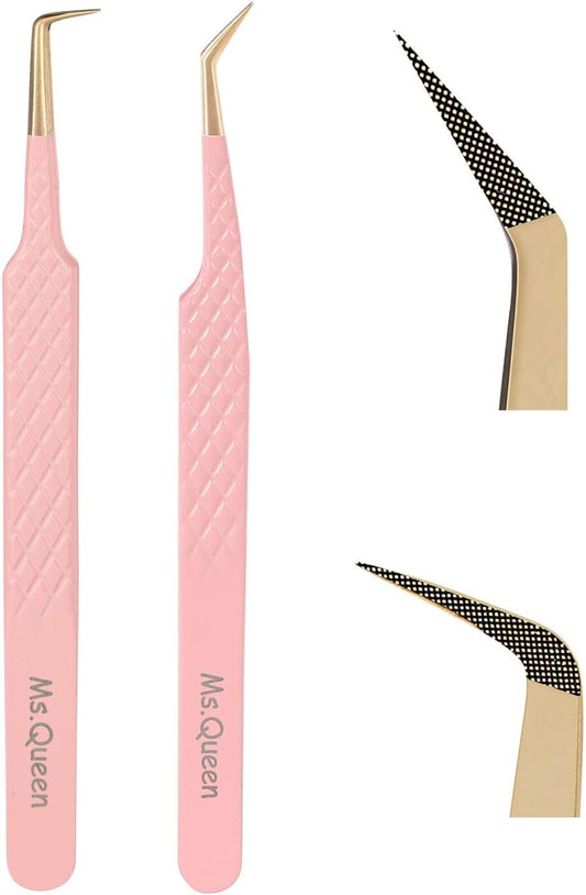 Ms.Queen Eyelash Tweezers Set,Professional 2Pcs Fiber Tip 45 90 Degree Mega Volume Lash Extension Tweezers